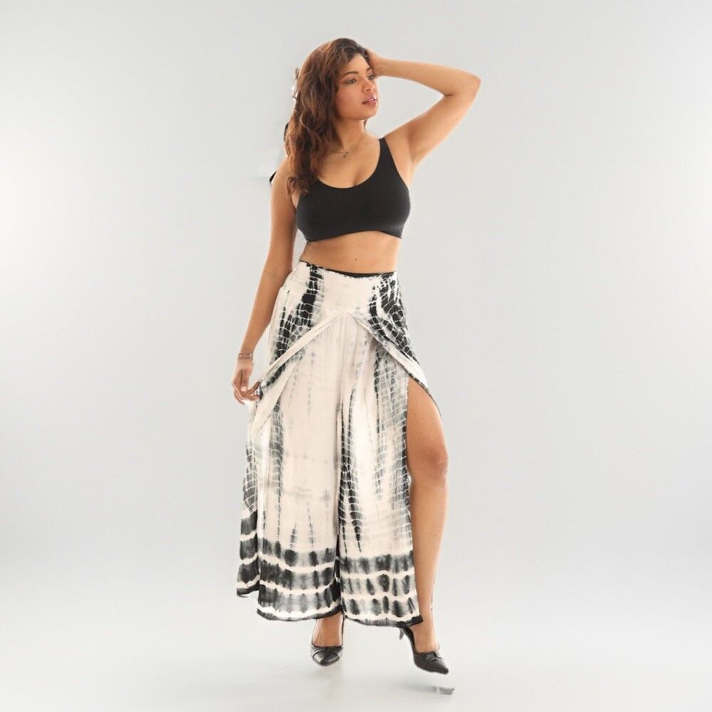 Shoreline Tulip Split Pants Flowy Tie Due Black White Womens Size Large Beachy